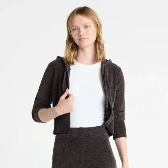 Chenille Y2K Vibe Zip Cropped Sweater Hoodie Sz L Breen Chocolate Coffee Brn NWT - Picture 4 of 11